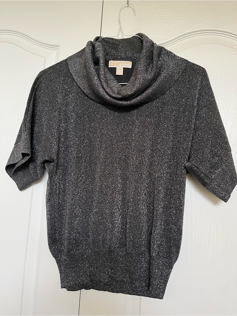 MICHAEL Michael Kors Metallic Black Cowl-Neck Short-Sleeve Sweater